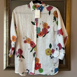 NWT Vilagallo White Flower Louisa Pure Linen Shirt 34